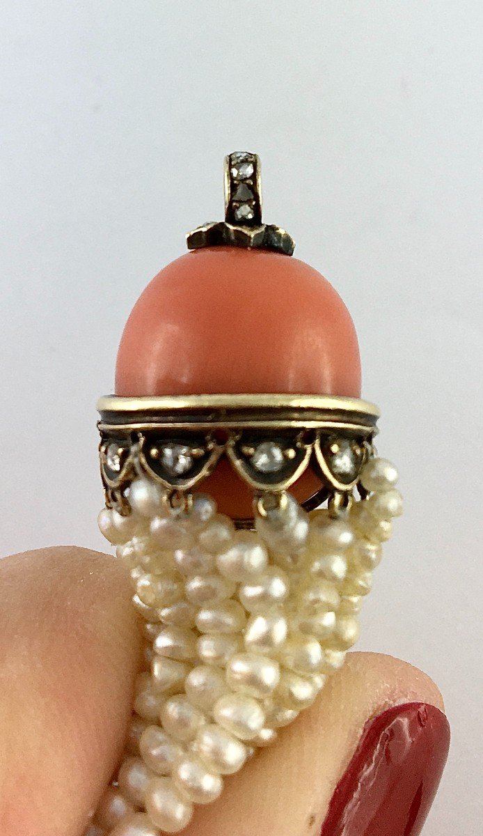 Pendentif  Pompon De Perles Fines,  Corail Et Diamants Taille Rose, Bijou Bayadère-photo-6