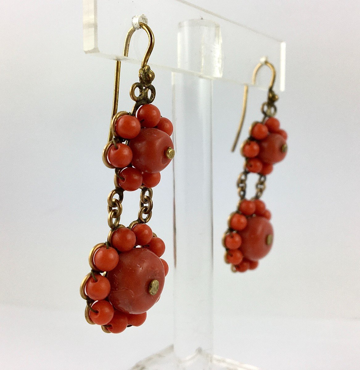 Italian Dormeuse Dangling Earrings With Coral Buttons On Yellow Gold-photo-2