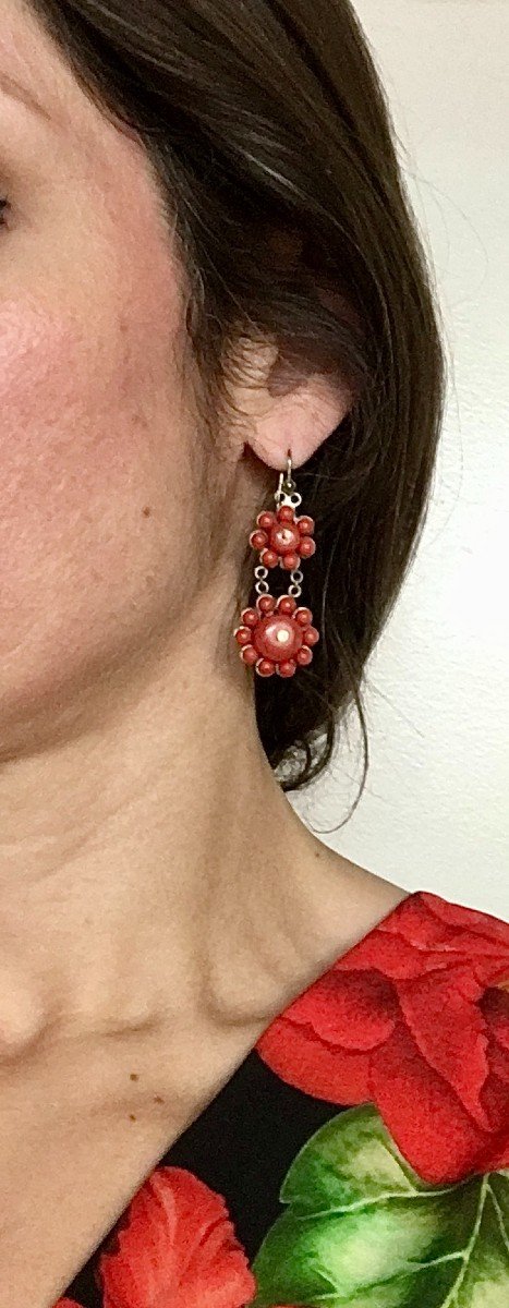 Italian Dormeuse Dangling Earrings With Coral Buttons On Yellow Gold-photo-8