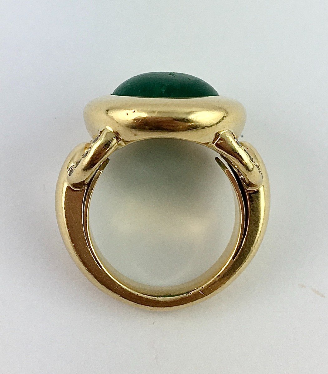 Emerald Ring From Colombia Cabochon And Arcs Paved With Diamonds On Yellow Gold-photo-4
