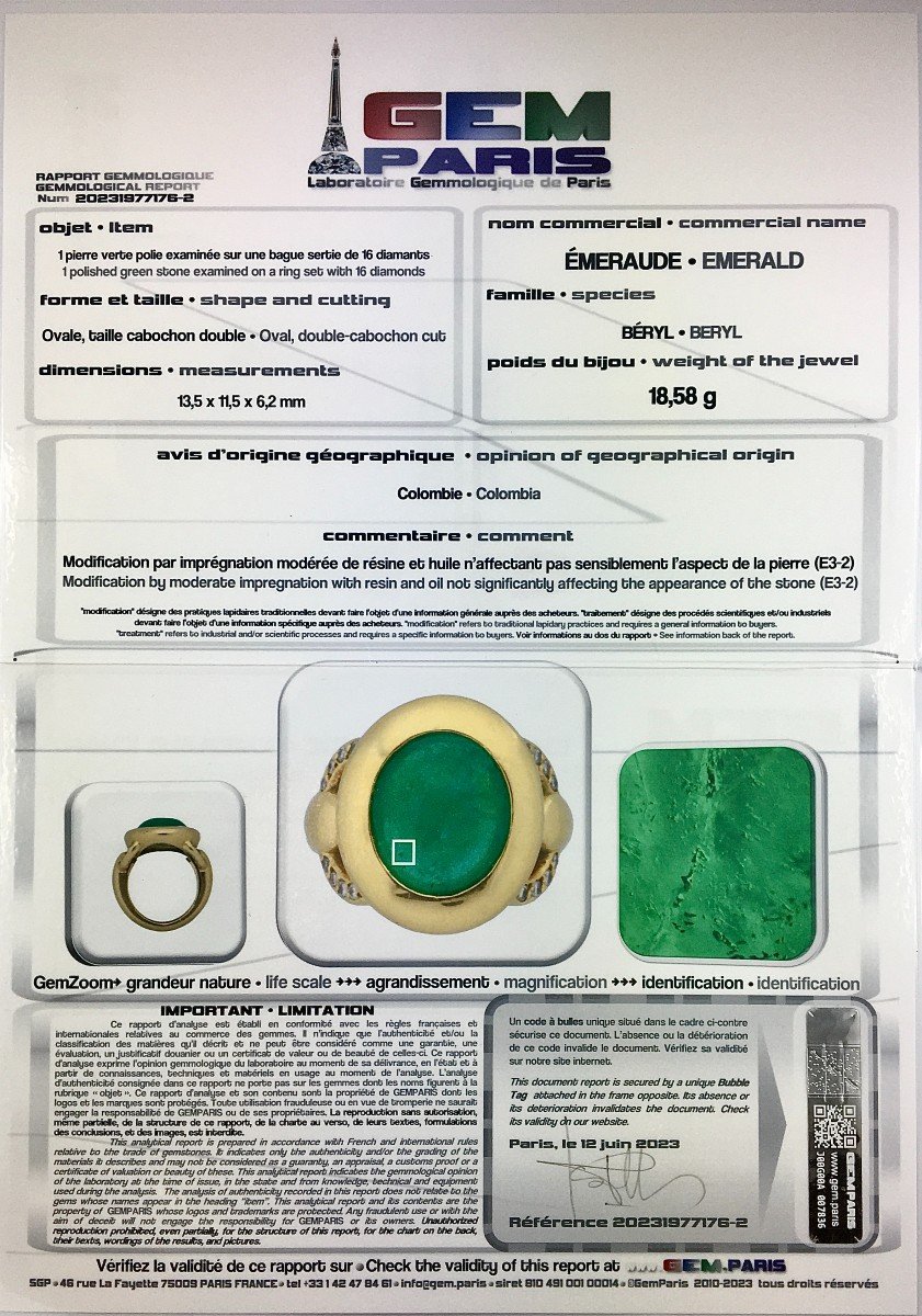 Emerald Ring From Colombia Cabochon And Arcs Paved With Diamonds On Yellow Gold-photo-7