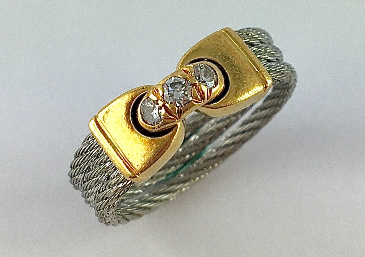 Ring Signed Fred Force 10 In Yellow Gold, Steel And Diamonds