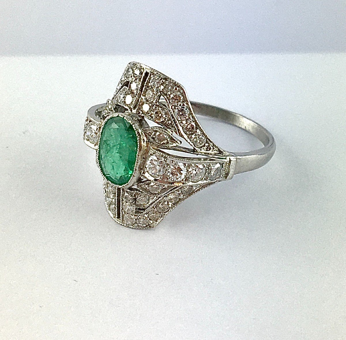 Art Deco Style Emerald And Diamond Ring On Platinum-photo-5