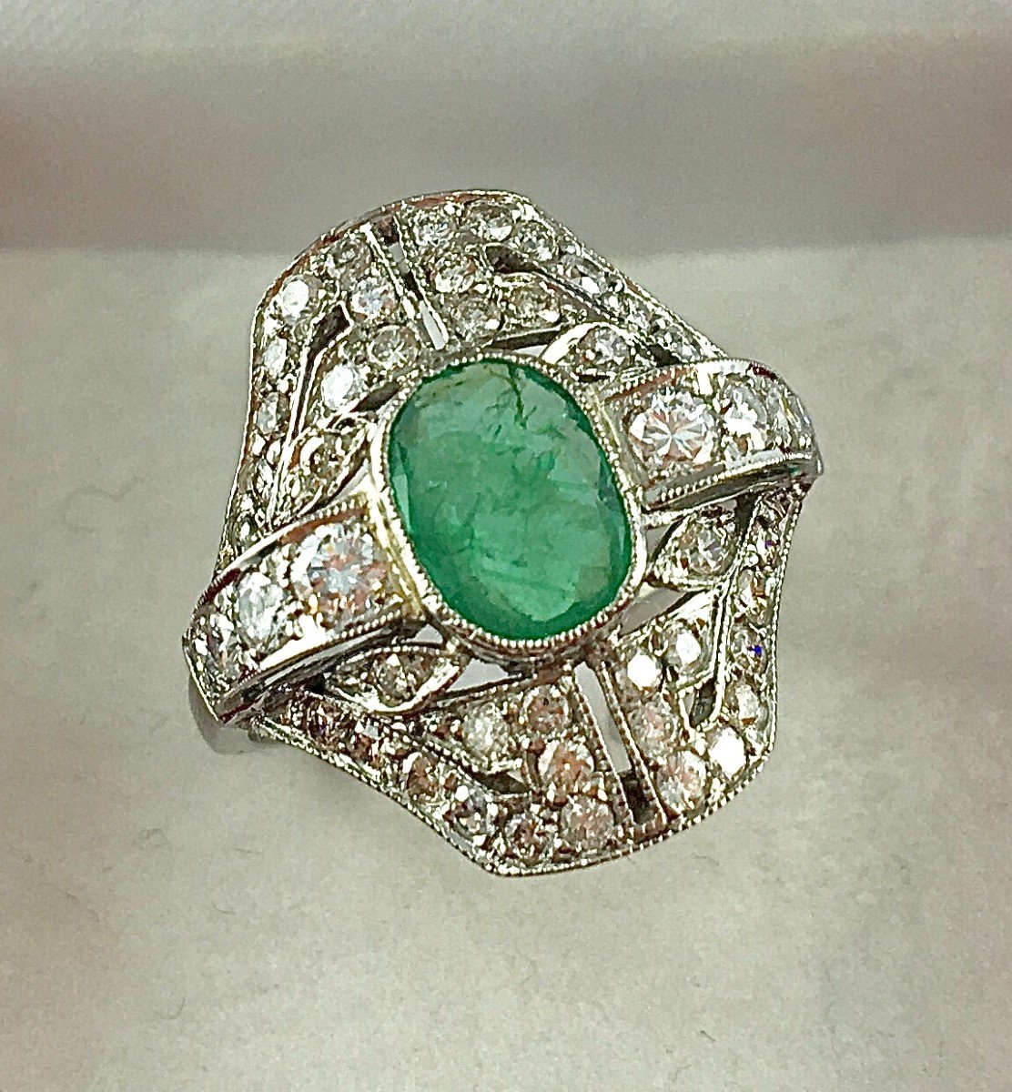 Art Deco Style Emerald And Diamond Ring On Platinum