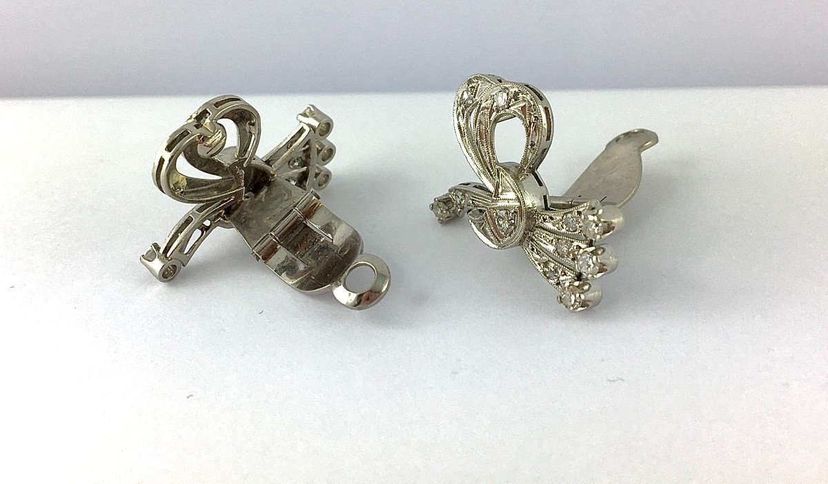 Boucles d'Oreilles Clips Noeuds Années 60 Diamants  Sur Or Blanc-photo-5