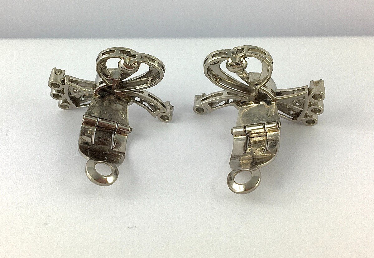 Boucles d'Oreilles Clips Noeuds Années 60 Diamants  Sur Or Blanc-photo-6