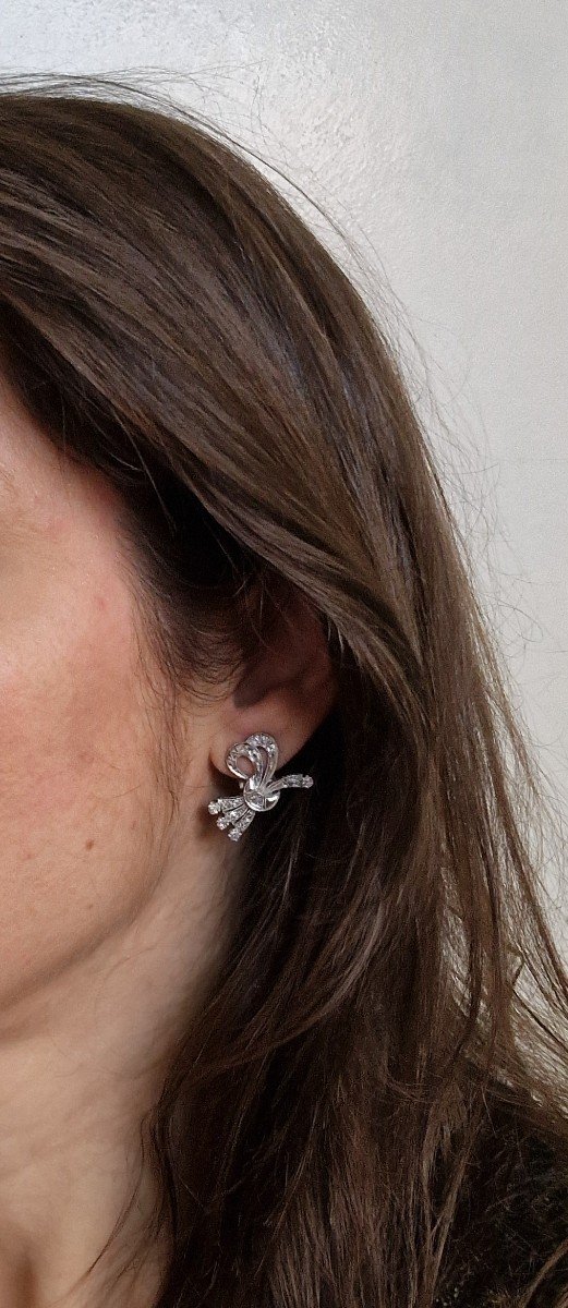 Boucles d'Oreilles Clips Noeuds Années 60 Diamants  Sur Or Blanc-photo-8