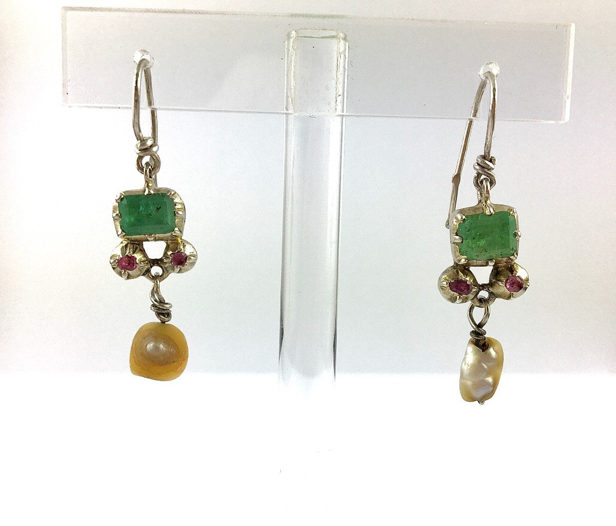 Berber Ethnic Earrings Dangling Emeralds, Rubies And Baroque Pearls On Silver-photo-2