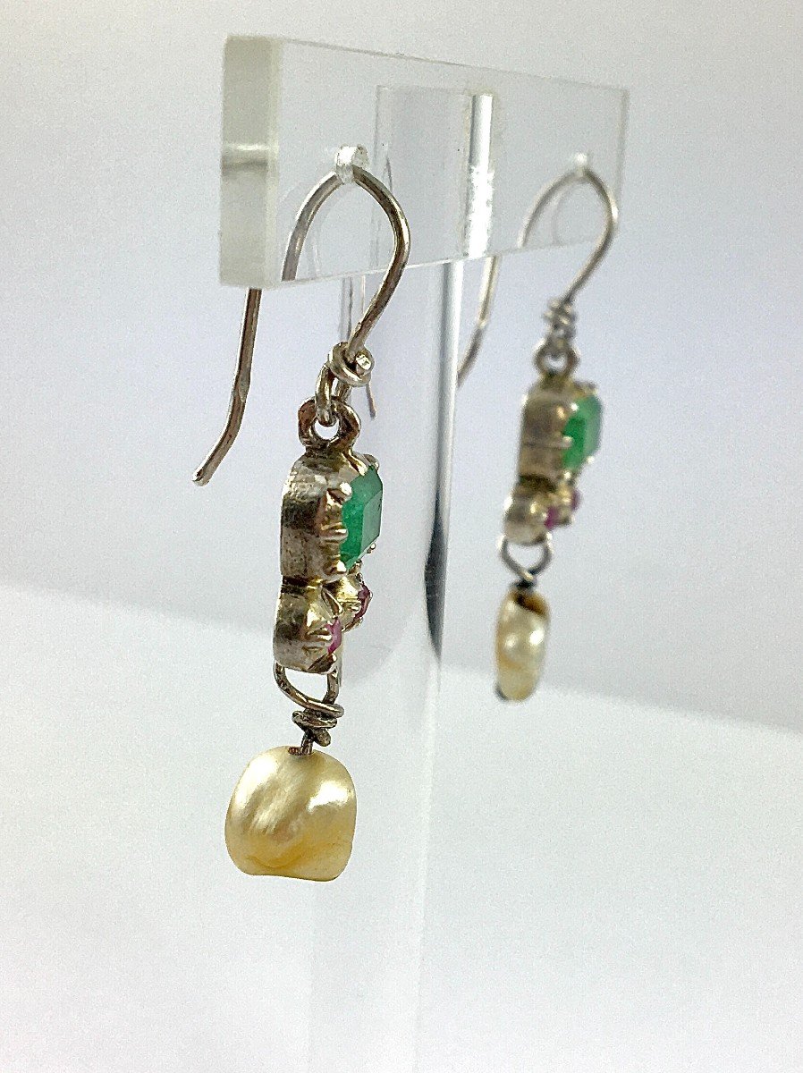 Berber Ethnic Earrings Dangling Emeralds, Rubies And Baroque Pearls On Silver-photo-1