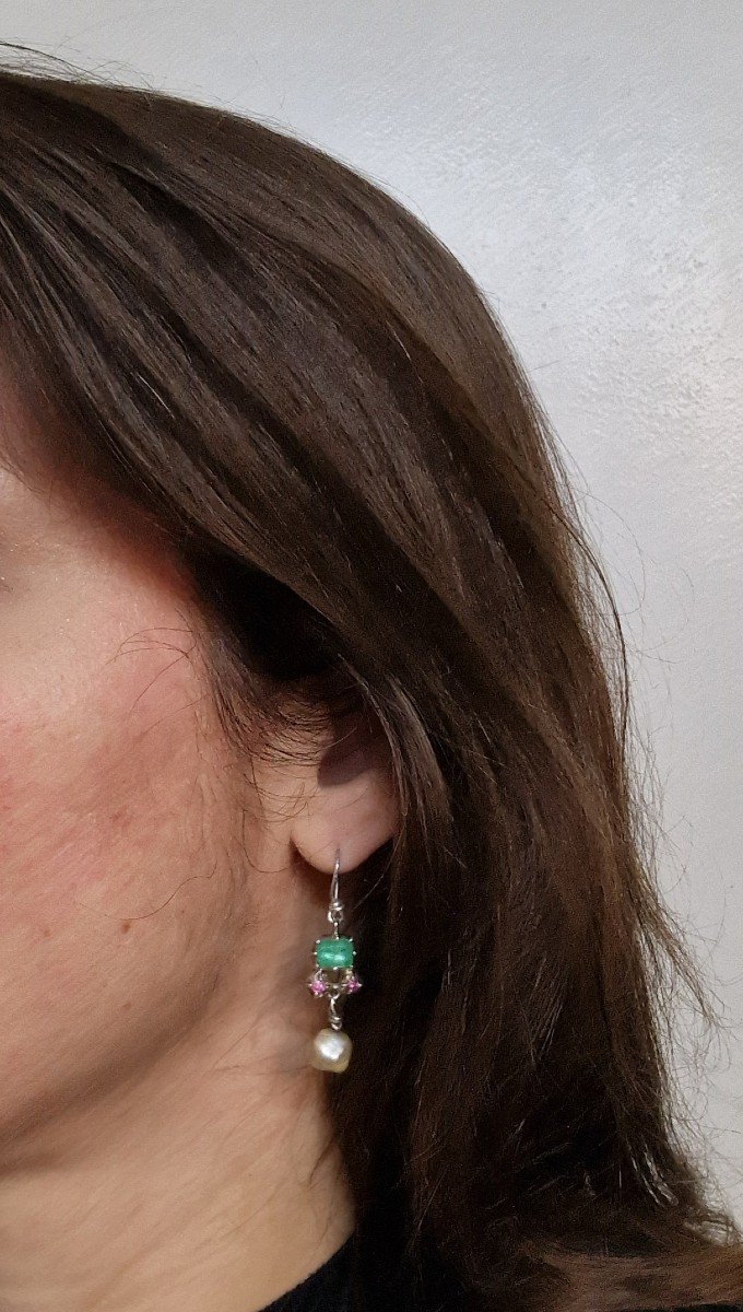 Berber Ethnic Earrings Dangling Emeralds, Rubies And Baroque Pearls On Silver-photo-7
