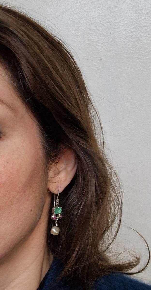 Berber Ethnic Earrings Dangling Emeralds, Rubies And Baroque Pearls On Silver-photo-8