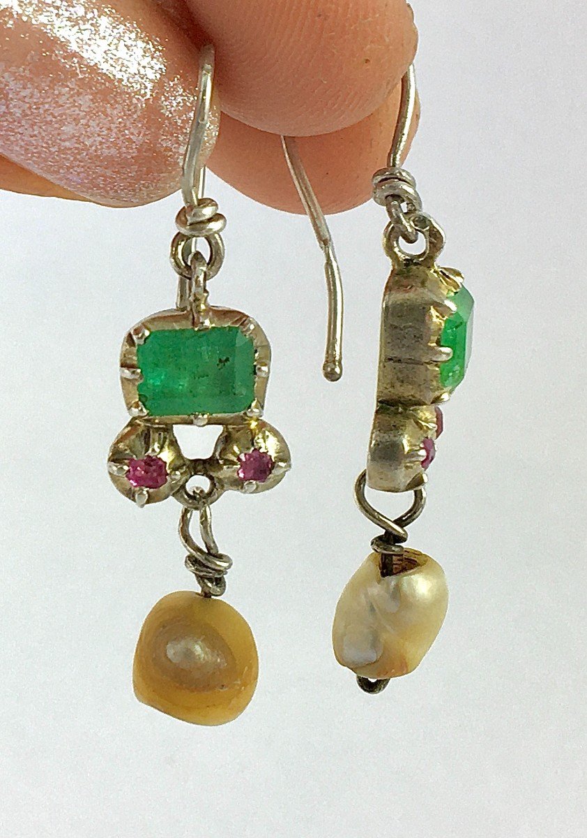 Berber Ethnic Earrings Dangling Emeralds, Rubies And Baroque Pearls On Silver