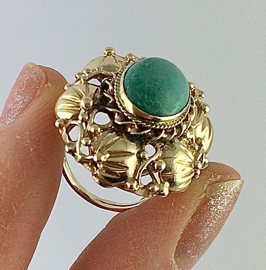 Bague Végétale à Palmettes, Cabochon De Turquoise Sur Or Jaune-photo-4