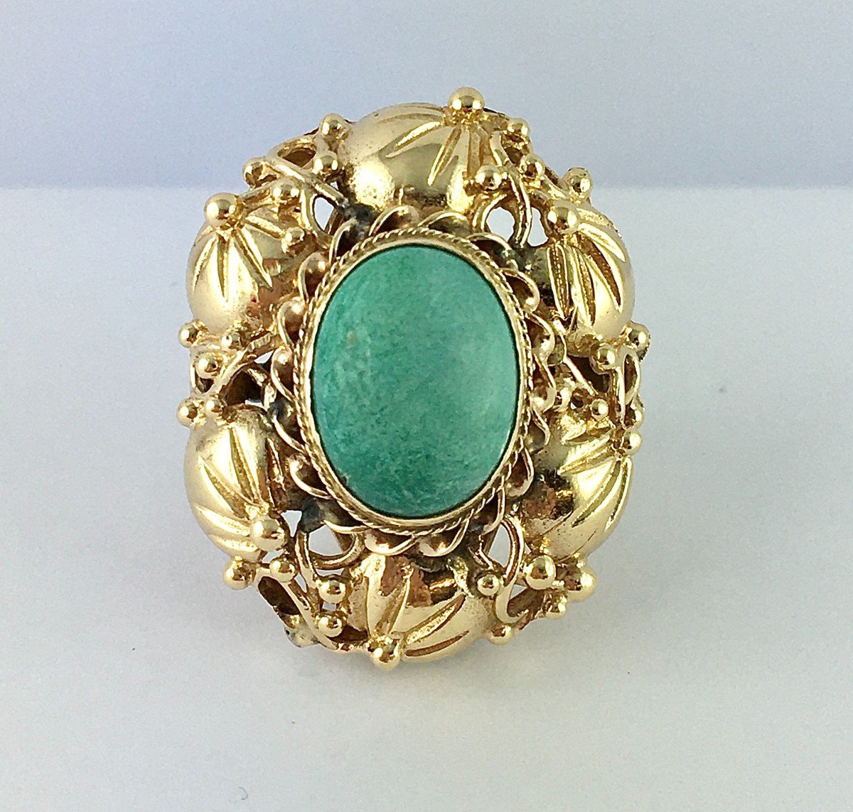 Bague Végétale à Palmettes, Cabochon De Turquoise Sur Or Jaune-photo-1