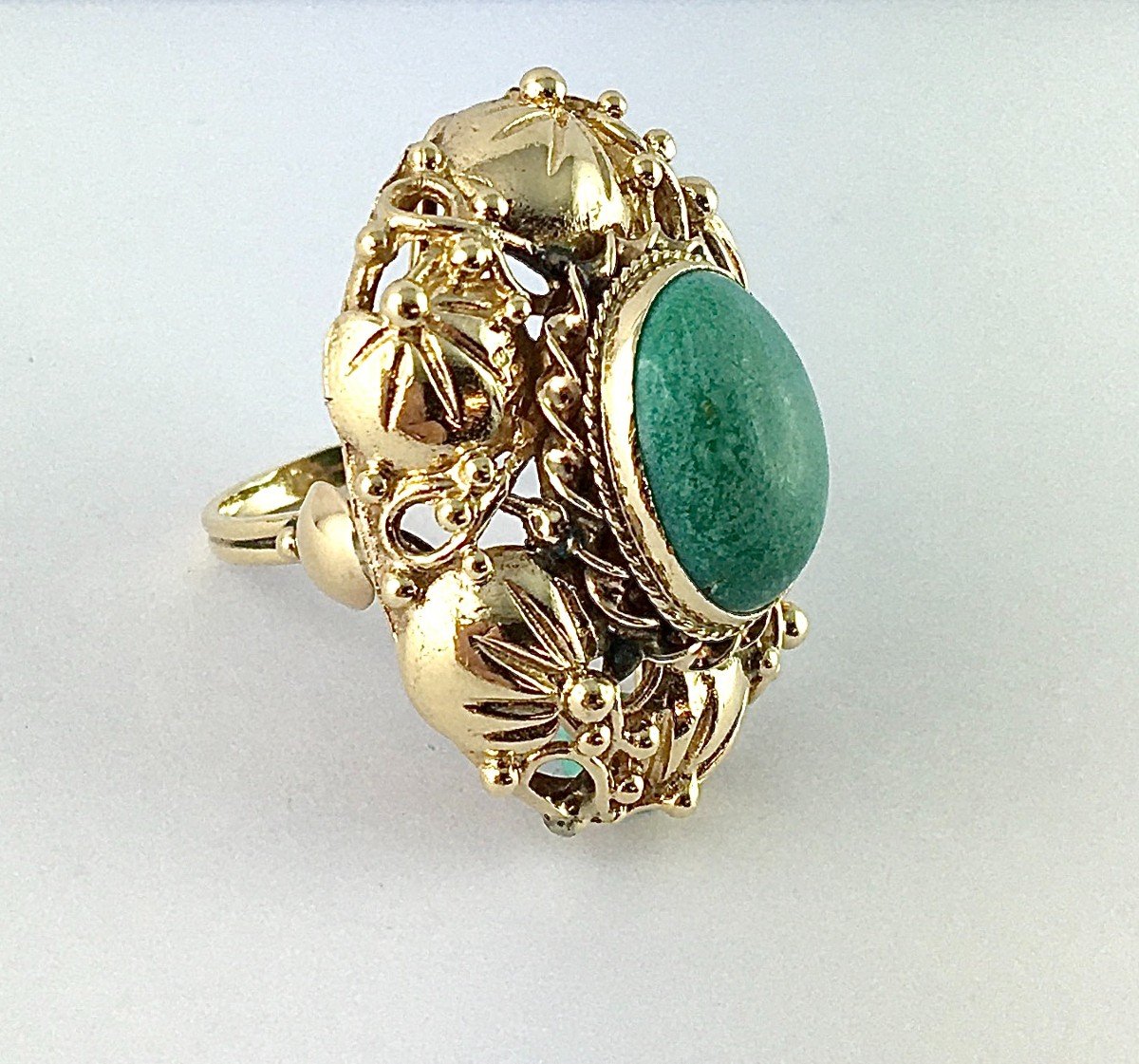 Bague Végétale à Palmettes, Cabochon De Turquoise Sur Or Jaune-photo-4