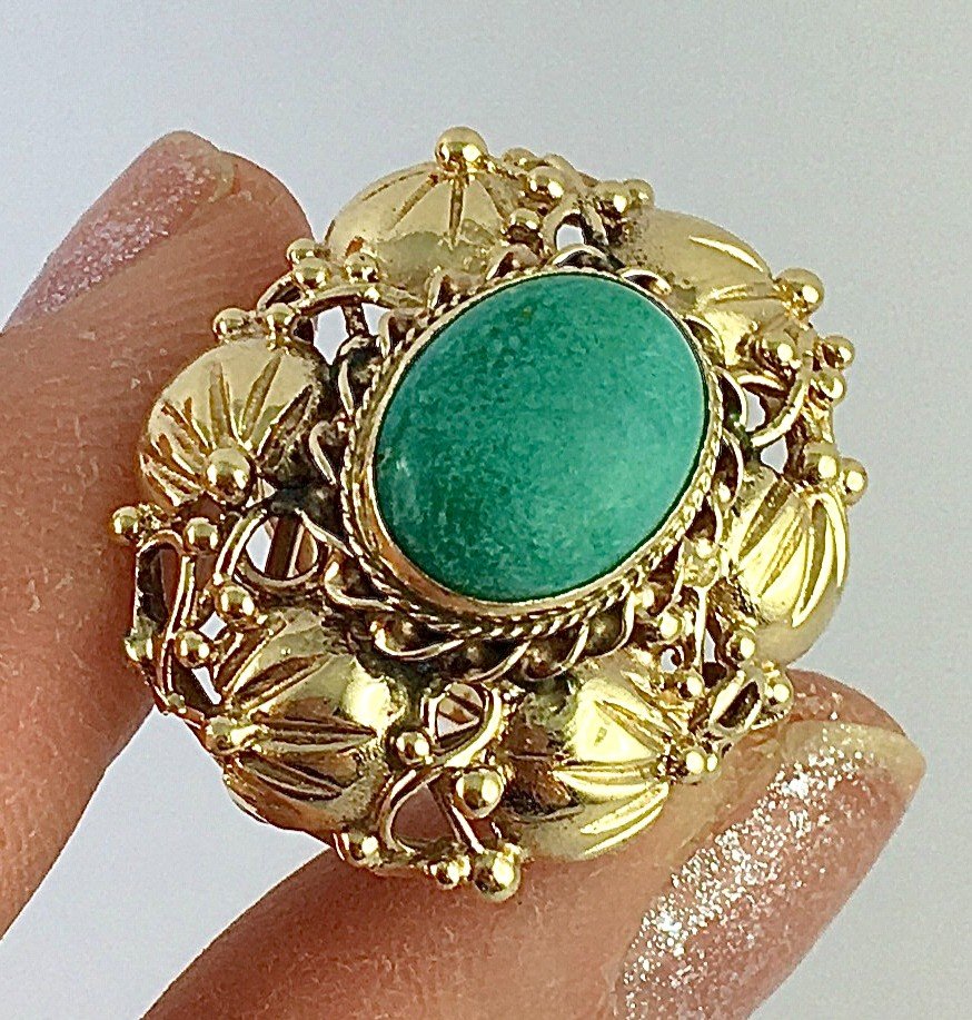 Bague Végétale à Palmettes, Cabochon De Turquoise Sur Or Jaune