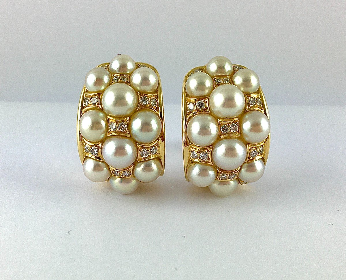 Half Hoop Clip-on Earrings Japanese Akoya Cultured Pearls Diamonds In Yellow Gold-photo-3