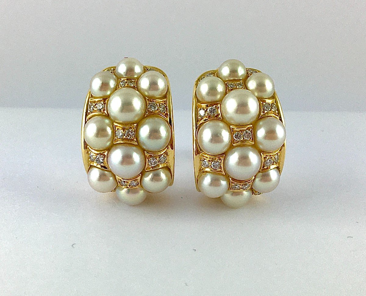Boucles d'Oreilles Demi Créoles Clips Perles De Culture Akoya Japonaises  Diamants Sur Or Jaune-photo-3