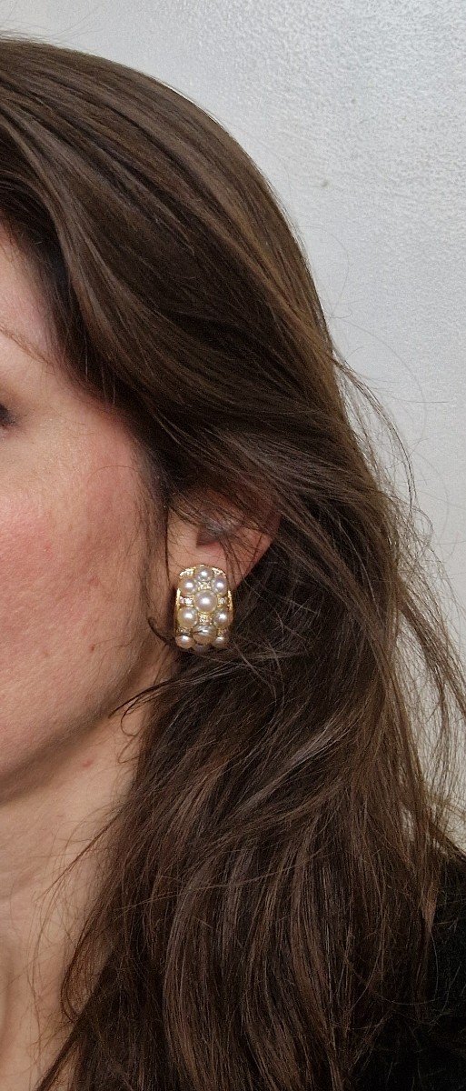 Half Hoop Clip-on Earrings Japanese Akoya Cultured Pearls Diamonds In Yellow Gold-photo-4