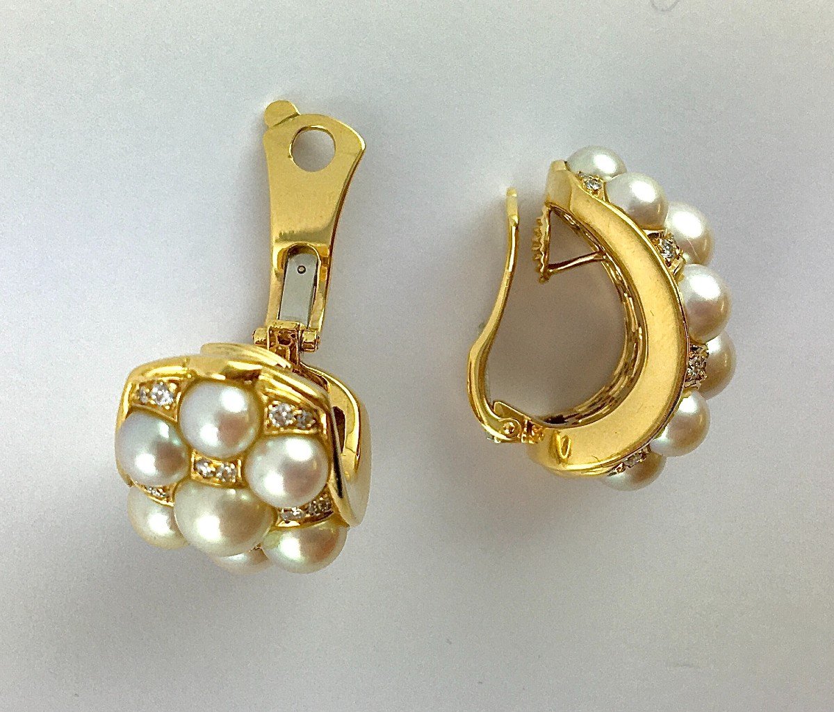 Half Hoop Clip-on Earrings Japanese Akoya Cultured Pearls Diamonds In Yellow Gold-photo-2