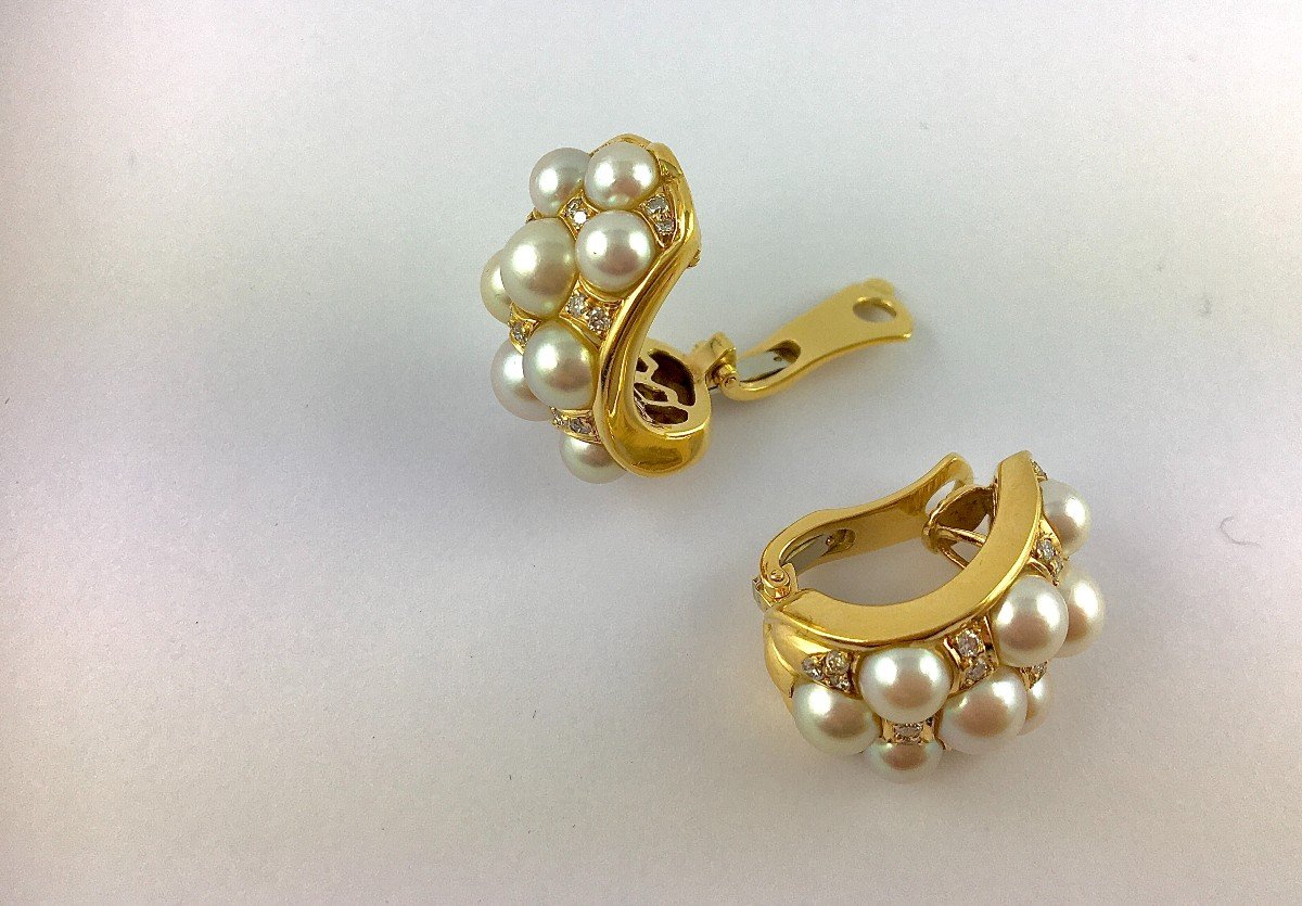 Half Hoop Clip-on Earrings Japanese Akoya Cultured Pearls Diamonds In Yellow Gold-photo-4
