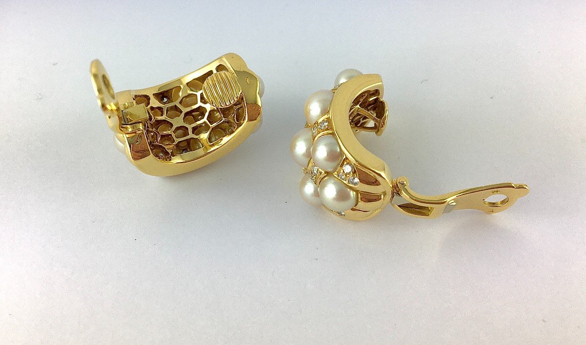 Half Hoop Clip-on Earrings Japanese Akoya Cultured Pearls Diamonds In Yellow Gold-photo-5