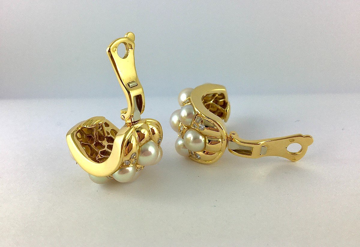 Half Hoop Clip-on Earrings Japanese Akoya Cultured Pearls Diamonds In Yellow Gold-photo-6