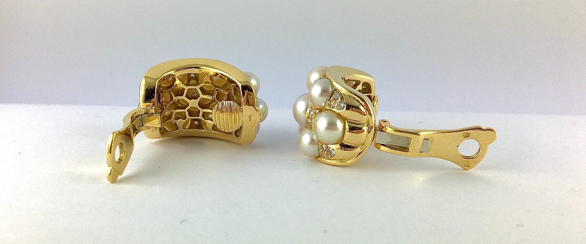 Half Hoop Clip-on Earrings Japanese Akoya Cultured Pearls Diamonds In Yellow Gold-photo-7