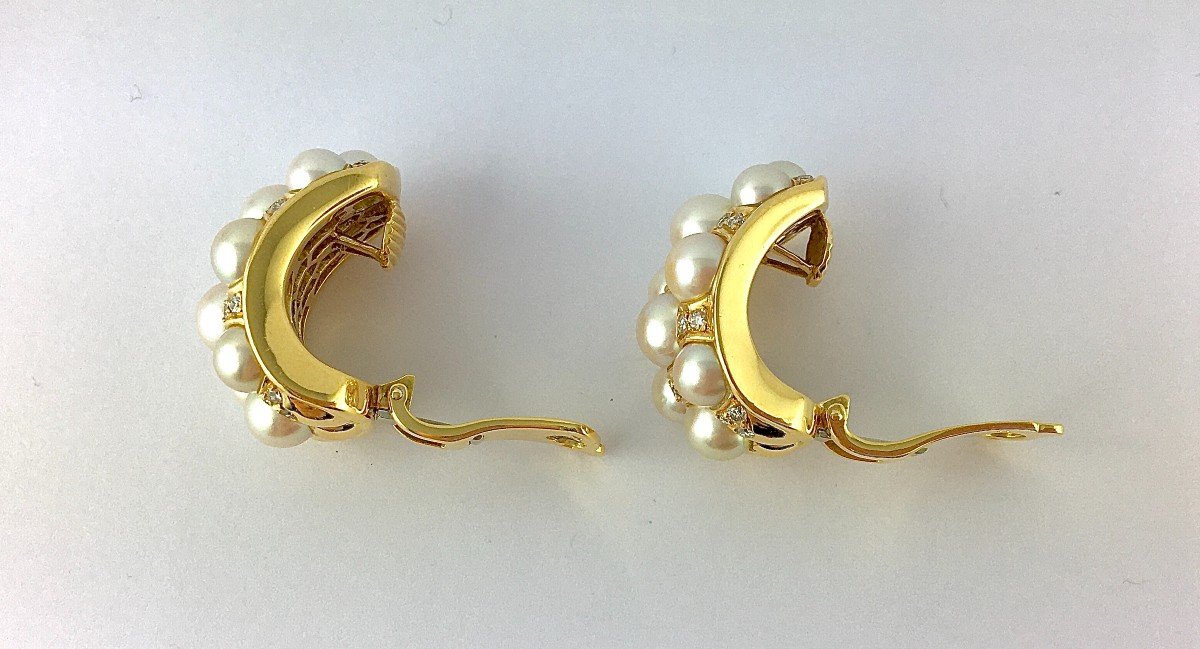 Half Hoop Clip-on Earrings Japanese Akoya Cultured Pearls Diamonds In Yellow Gold-photo-8