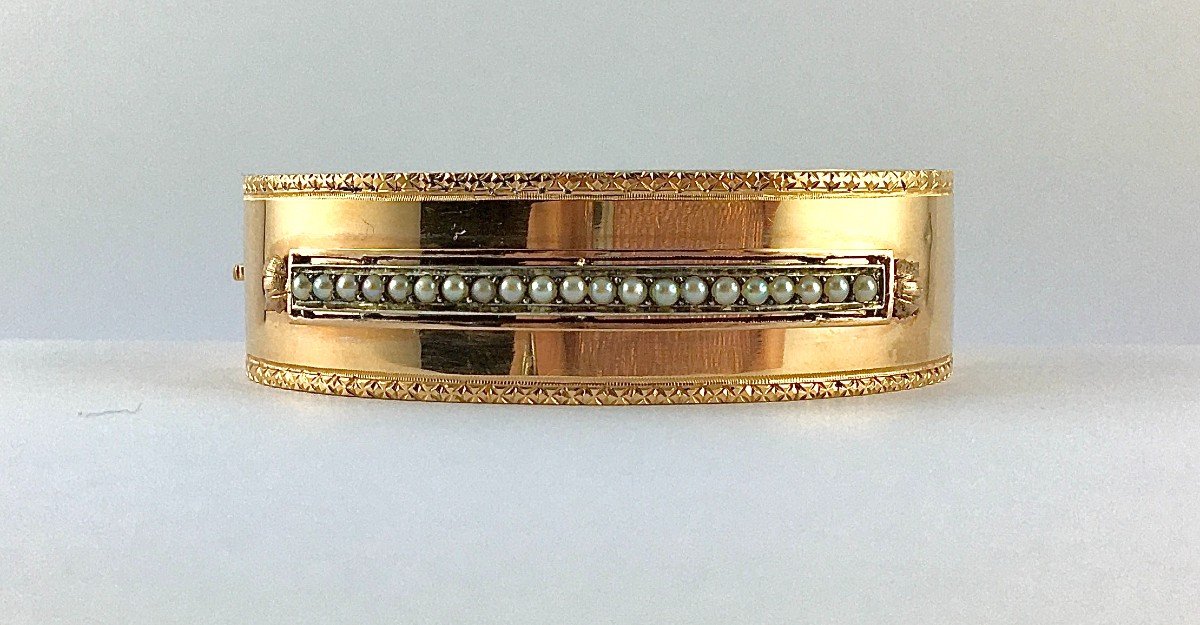 Bracelet Manchette Napoléon III Perles Fines Sur Argent Et Or Rose Guilloché Et Ciselé-photo-2
