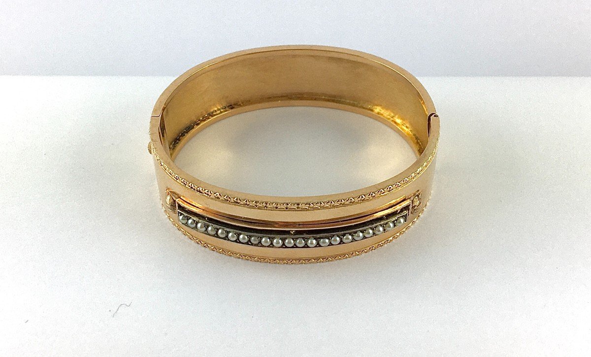 Bracelet Manchette Napoléon III Perles Fines Sur Argent Et Or Rose Guilloché Et Ciselé-photo-4