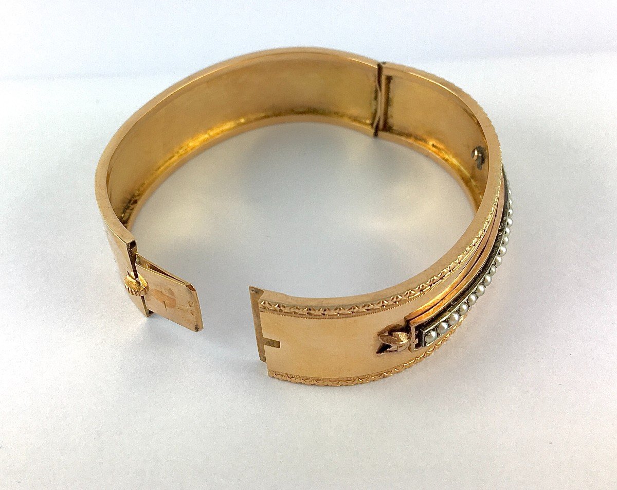 Bracelet Manchette Napoléon III Perles Fines Sur Argent Et Or Rose Guilloché Et Ciselé-photo-3