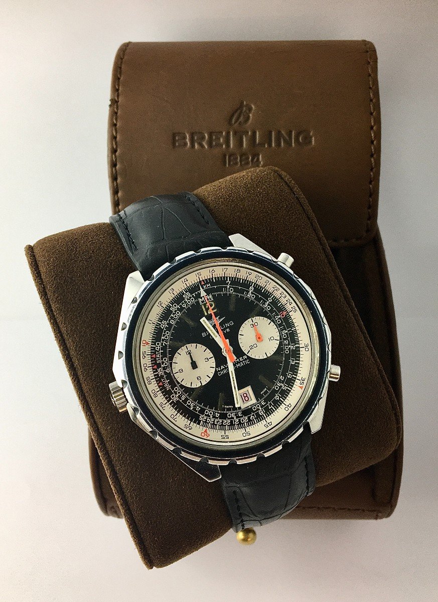 Breitling Navytimer Pizza 1806 Chronomatic Microrotor Watch 1970 Steel On Leather, Box-photo-2