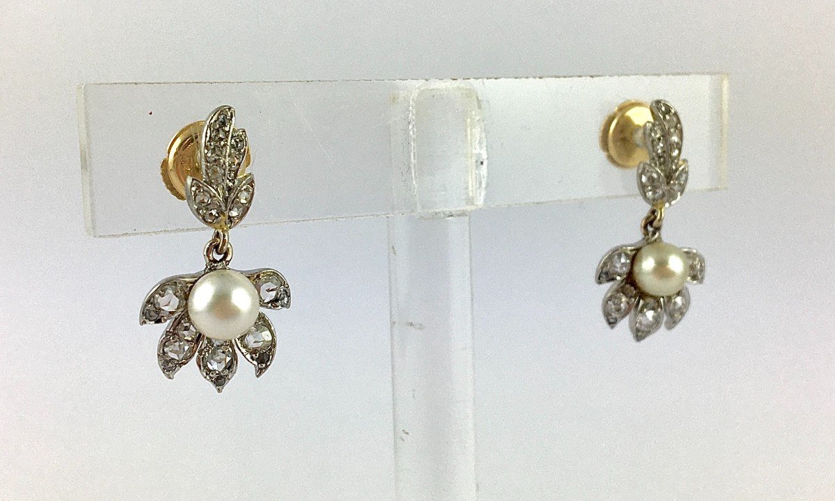 Boucles d'Oreilles Motifs Végétaux Pendants Perles Fines Et Diamants Sur Platine Et Or Jaune -photo-3