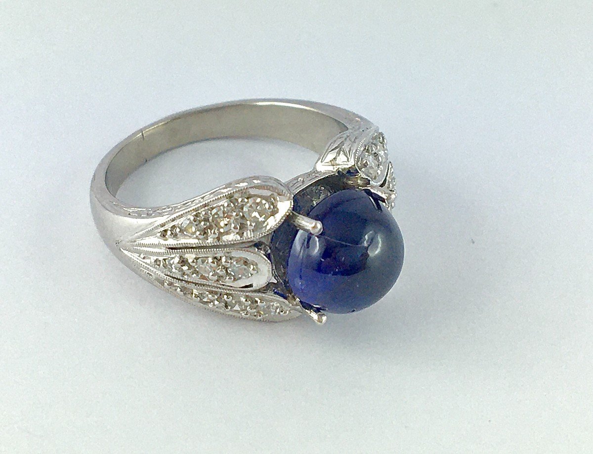 Art Deco Style Sapphire Cabochon And Diamonds Ring On Platinum And White Gold-photo-2