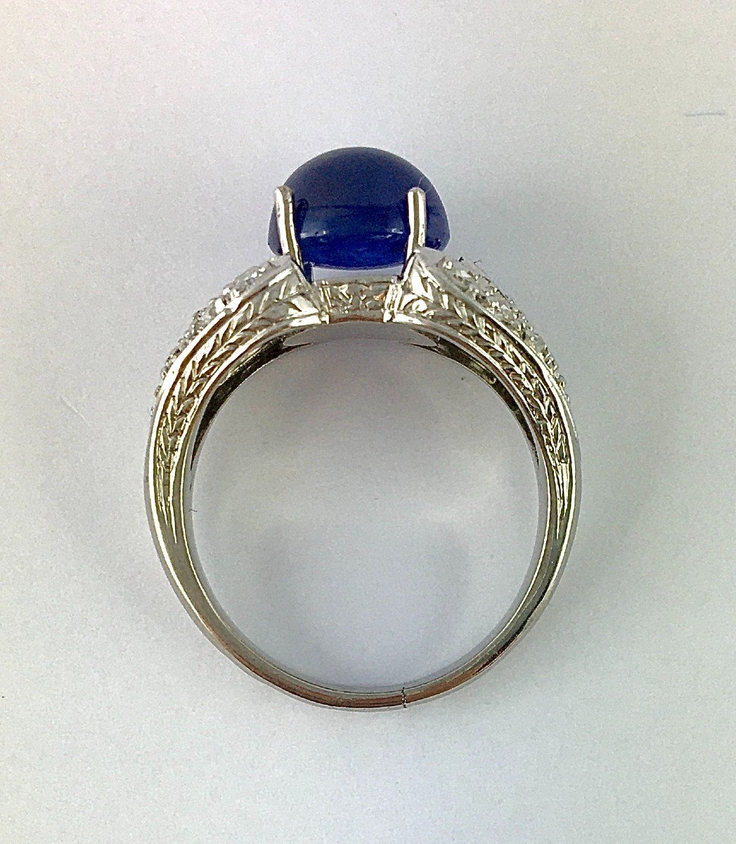 Art Deco Style Sapphire Cabochon And Diamonds Ring On Platinum And White Gold-photo-5