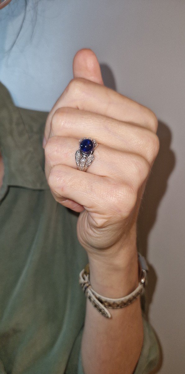 Art Deco Style Sapphire Cabochon And Diamonds Ring On Platinum And White Gold-photo-8