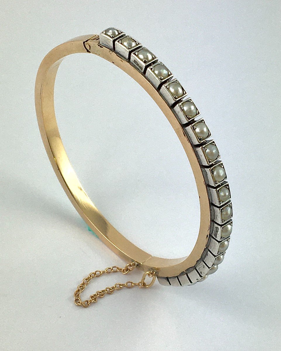 Bracelet Jonc Ouvrant Perles Fines Sur Argent Et Or Rose Napoléon III-photo-2