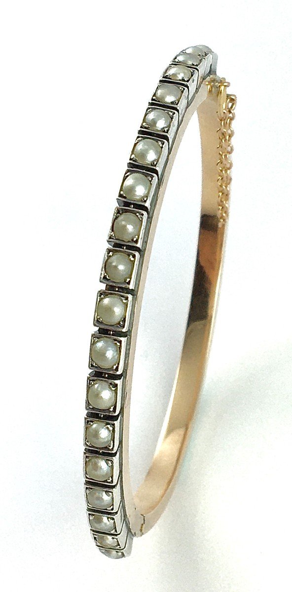 Bracelet Jonc Ouvrant Perles Fines Sur Argent Et Or Rose Napoléon III-photo-3