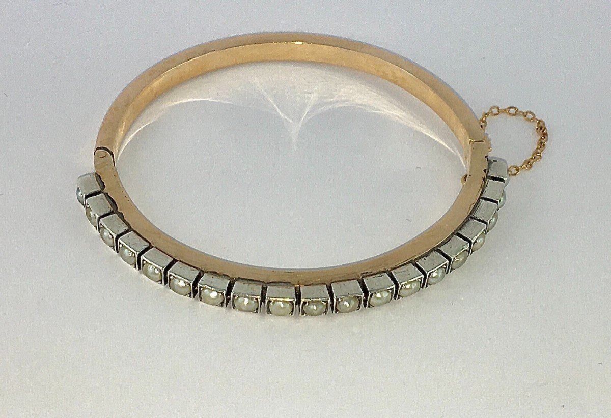 Bracelet Jonc Ouvrant Perles Fines Sur Argent Et Or Rose Napoléon III-photo-2