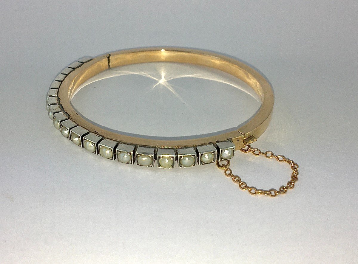 Bracelet Jonc Ouvrant Perles Fines Sur Argent Et Or Rose Napoléon III-photo-3