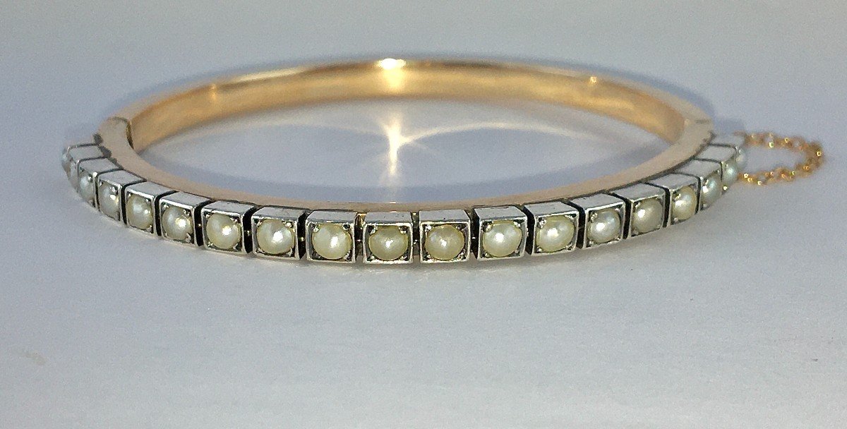 Bracelet Jonc Ouvrant Perles Fines Sur Argent Et Or Rose Napoléon III-photo-1