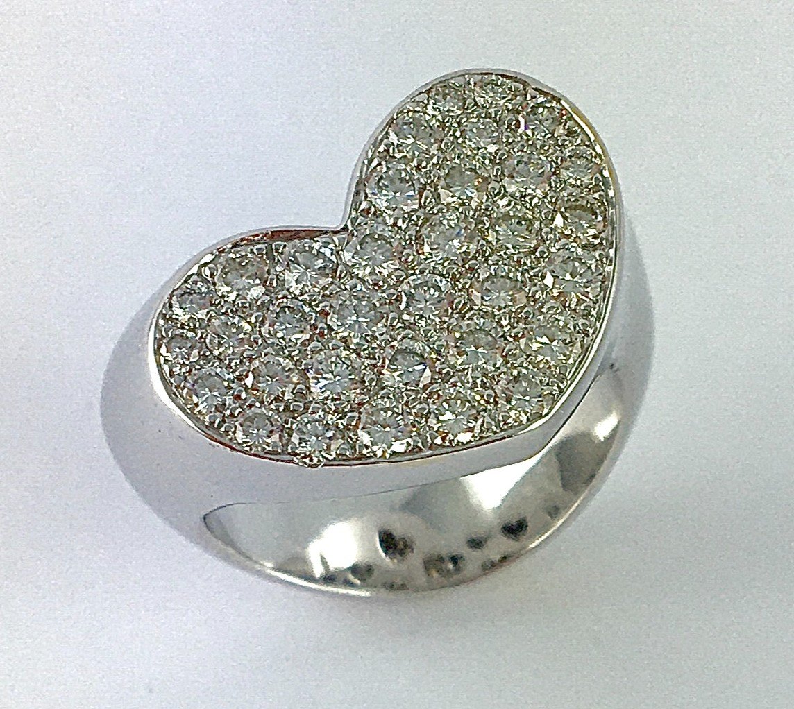 Heart Shaped Signet Ring Paved With Brilliant Cut Diamonds On White Gold