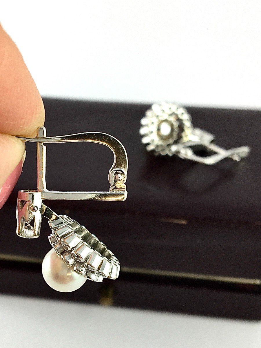 Japanese Akoya Cultured Pearl Flower Sleeper Earrings Diamonds / White Gold Box-photo-5