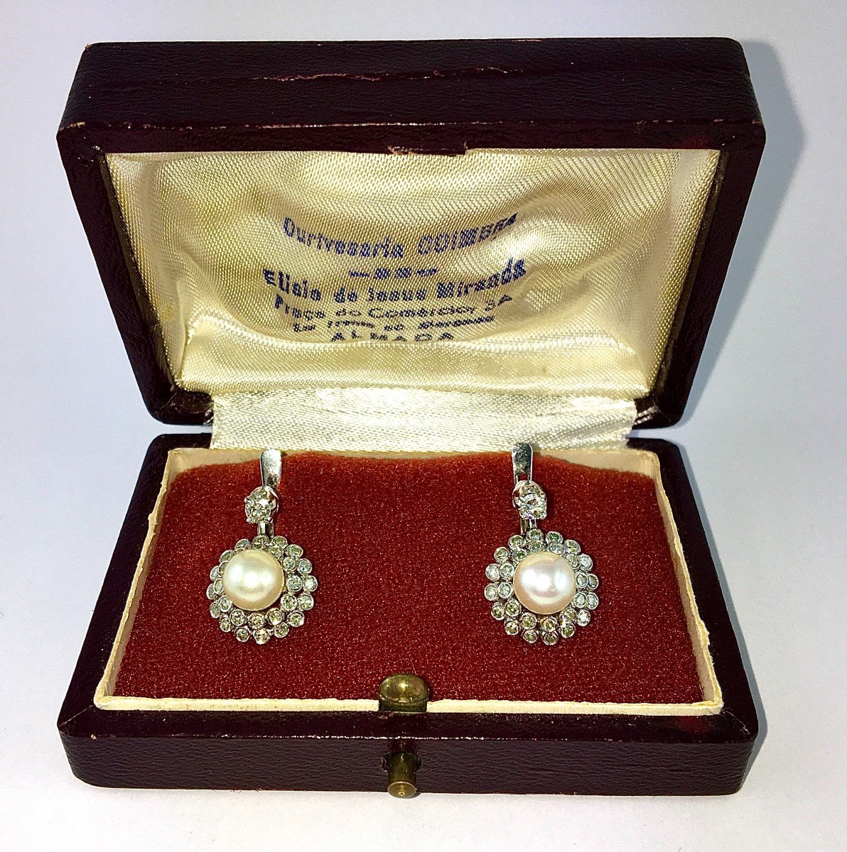 Japanese Akoya Cultured Pearl Flower Sleeper Earrings Diamonds / White Gold Box