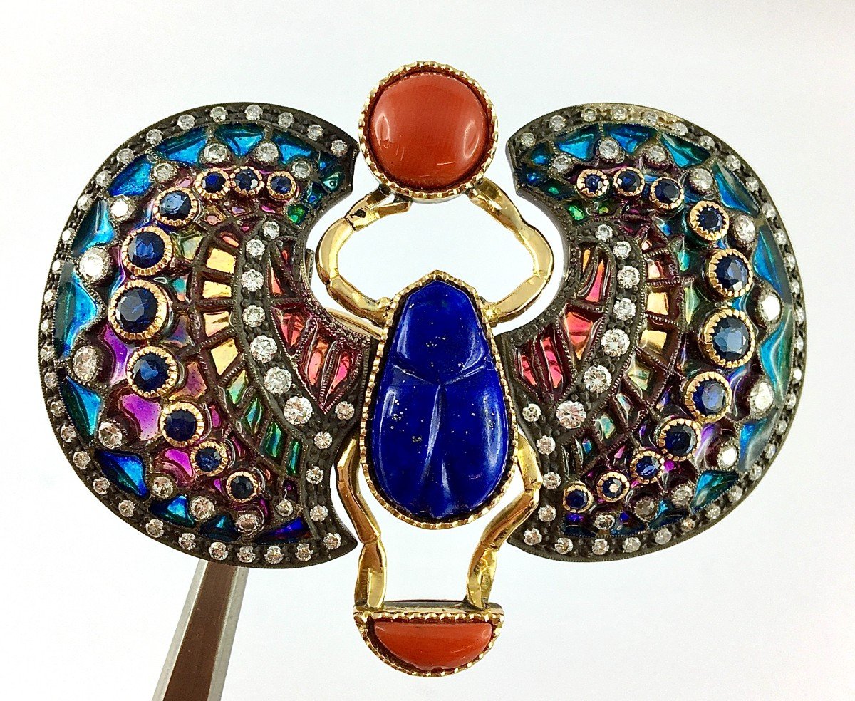 Egyptomania Brooch / Pendant Polychrome Enamel Plique à Jour And Diamonds On Yellow Gold 