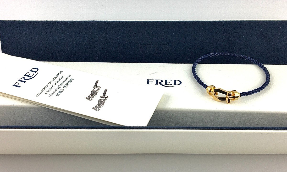 Fred Force 10 Bracelet Manila In Yellow Gold And Navy Blue Cord With Case And Outer Box-photo-2