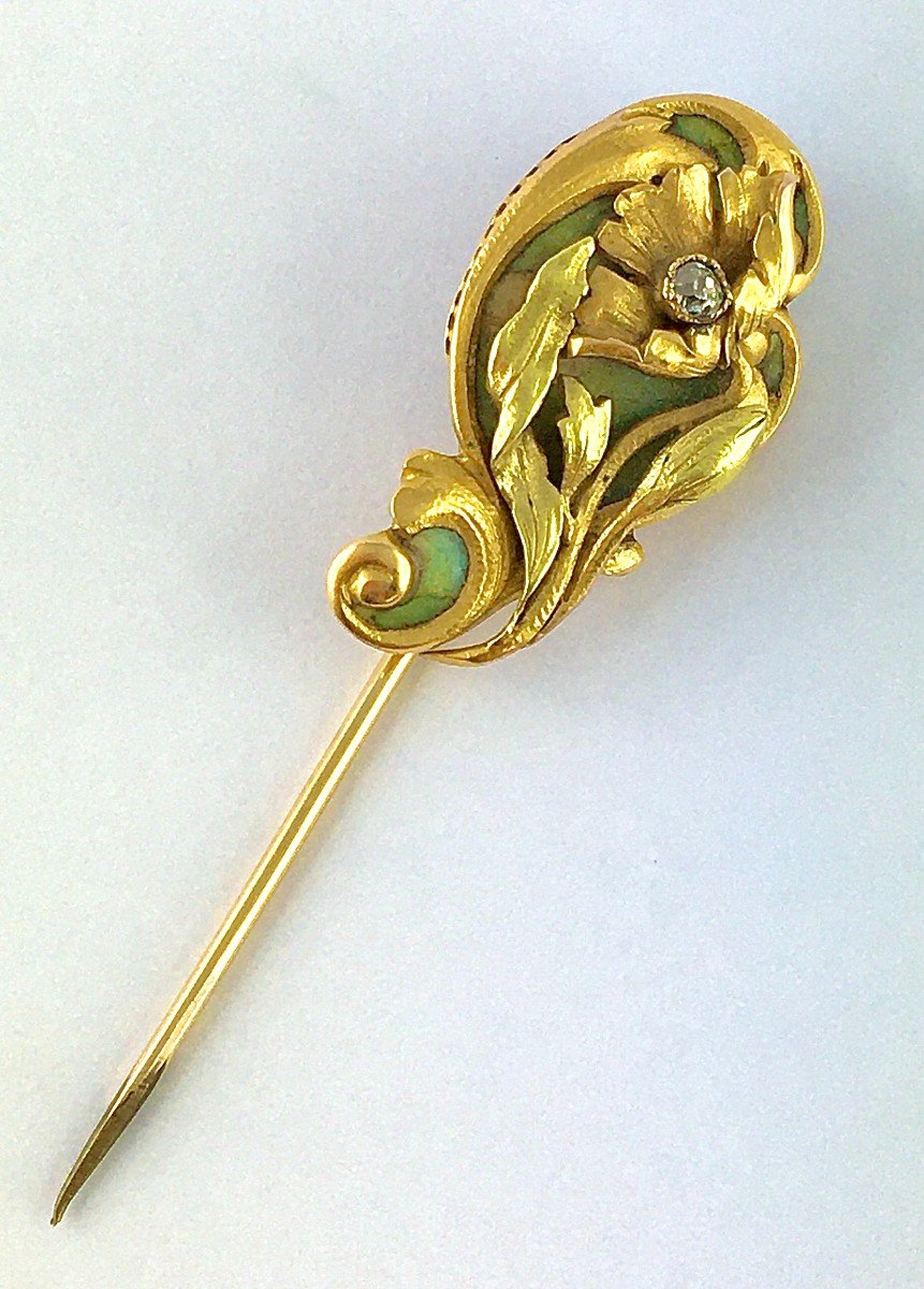 Art Nouveau Floral Pin Celadon Openwork Pleated Enamel And Diamond On Yellow Gold (metal Pin)-photo-4