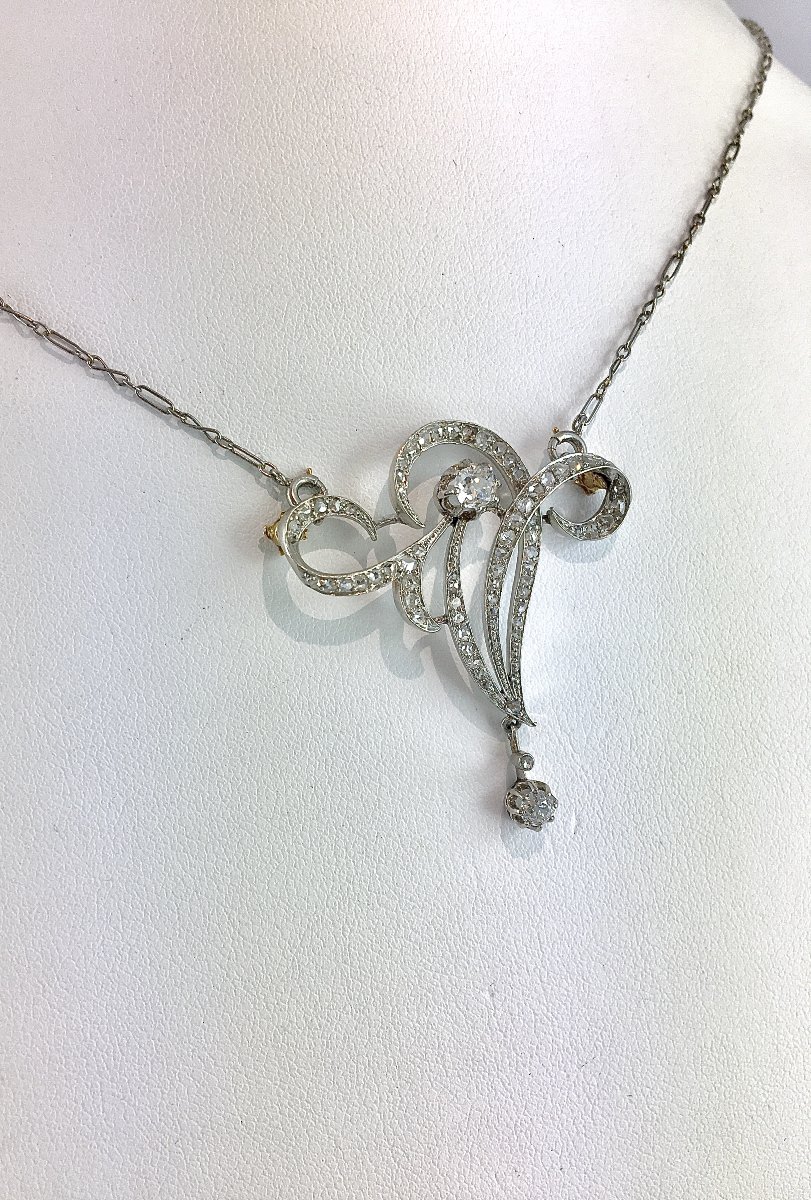 Collier Belle Epoque Art Nouveau Diamants Sur Platine Et Or Blanc, Sur Sa Chaîne En Or Blanc-photo-3