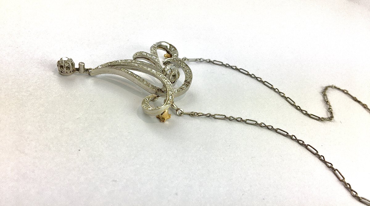 Collier Belle Epoque Art Nouveau Diamants Sur Platine Et Or Blanc, Sur Sa Chaîne En Or Blanc-photo-4